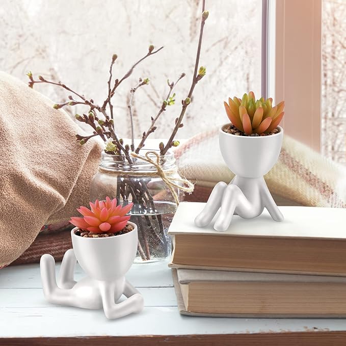 Fake Succulent, Mini Succulents Plants Artificial in White Modern Human Shaped Ceramic Pots Cute Pink Succulent for Office Decor for Women Girls, Desk Plant Cute Bathroom Decor 2PCS