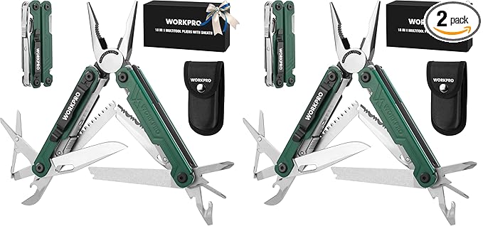 WORKPRO 18-in-1 Multi Tool Pliers, Gifts for Men, Stainless Steel EDC Multitool with Pocket Knife, 2 Safety Locks, Belt Clip and Oxford Pouch, Utility Multiuse Tool for Camping (Pack of 2)