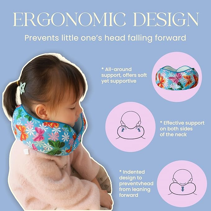SKYTRAX® Certified Kids Safe Memory Foam Travel Neck Pillows for Kids and Toddlers Cute Cartoon Design, Car Seat & Airplane Head Neck Support, Adjustable Snap Buttons Washable Soft Cover (Butterfly)
