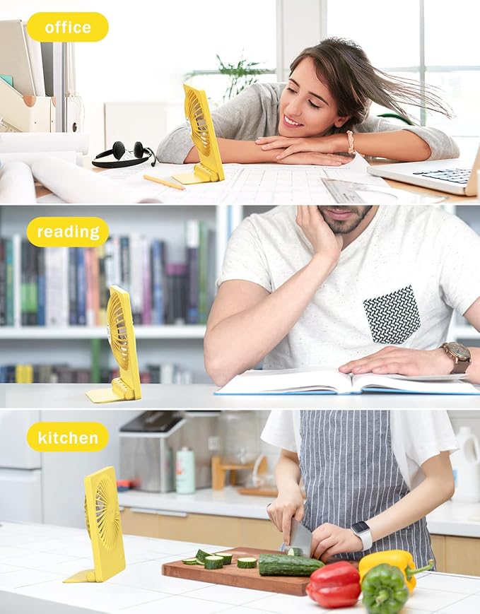 Zuvas Desk Fan Battery Operated Fan Rechargeable 180°Tilt Folding Personal Fan Ultra Quiet Small Portable 3 Speed Adjustable Strong Wind Fan For Office Bedroom Home Desktop Camping (Yellow)