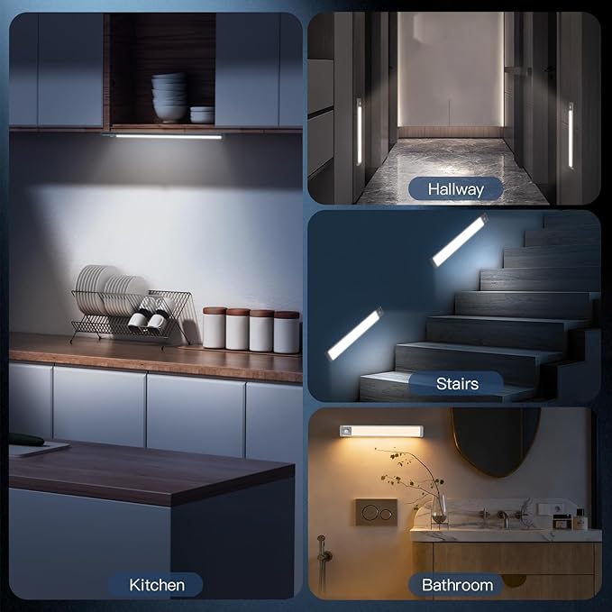 14.7inch Under Cabinet Lighting with 3 Color Temps, 2 Pack Rechargeable Motion Sensor Light Indoor, 5 Levels Dimmable Magnetic Closet Lights, Wireless Under Counter Lights for Kitchen, Stairs