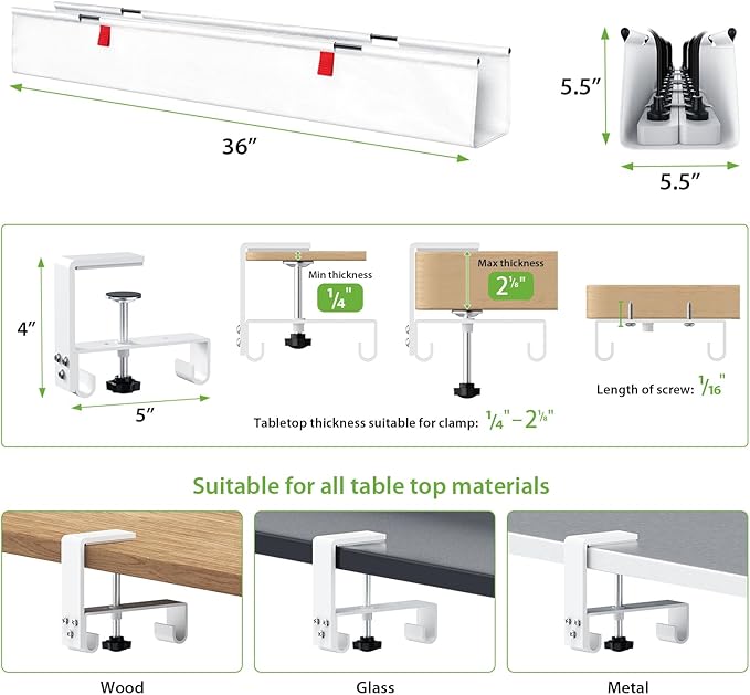 KEEGH Large 36" Under Desk Cable Management Tray - Under Desk Cord Organizer - Clamp/Screw Mount - Support Upto 70lbs - Wire Management - Gaming/PC Cable Tray - Cord Hiders for Office/Home, White