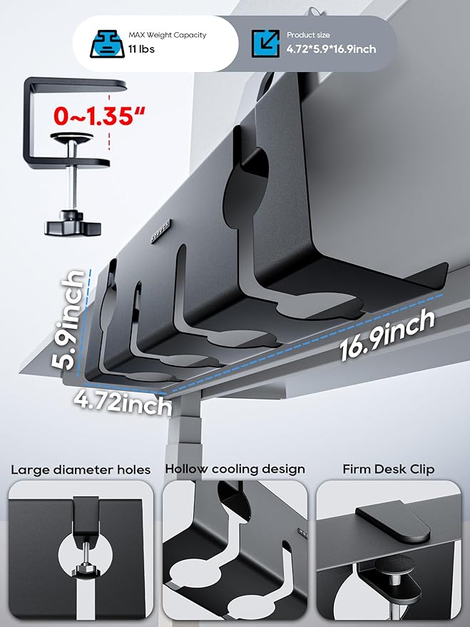 NODOCA No Drill Under Desk Cable Management Tray, 17'' Wire Management, Punch-Free Clamp on, Metal Cable Tray, Wire Organizer Under Desk, Under Desk Basket for Office and Home, Black