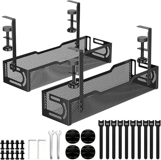 2Pack Under Desk Cable Management Tray, No Drill Mesh Desk Cable Tray, Wire Management Tray Cable Management Rack, Wire Organizer and Cable Management Box (Black)