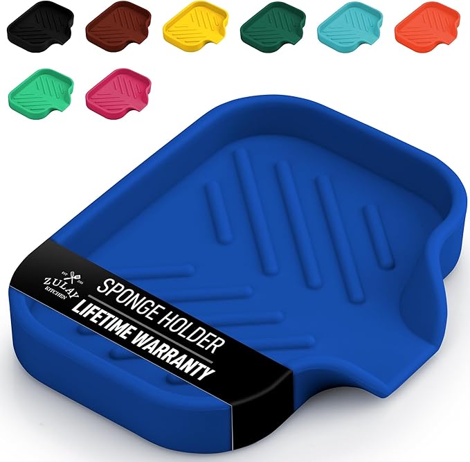 Zulay Kitchen Small Silicone Sponge Holder (4.9x3.3”) – Space-Saving Sink Organizer Tray for Sponge, Soap, Brush & More – Compact Non-Slip Dish for Kitchen & Bathroom (Turkish Sea)