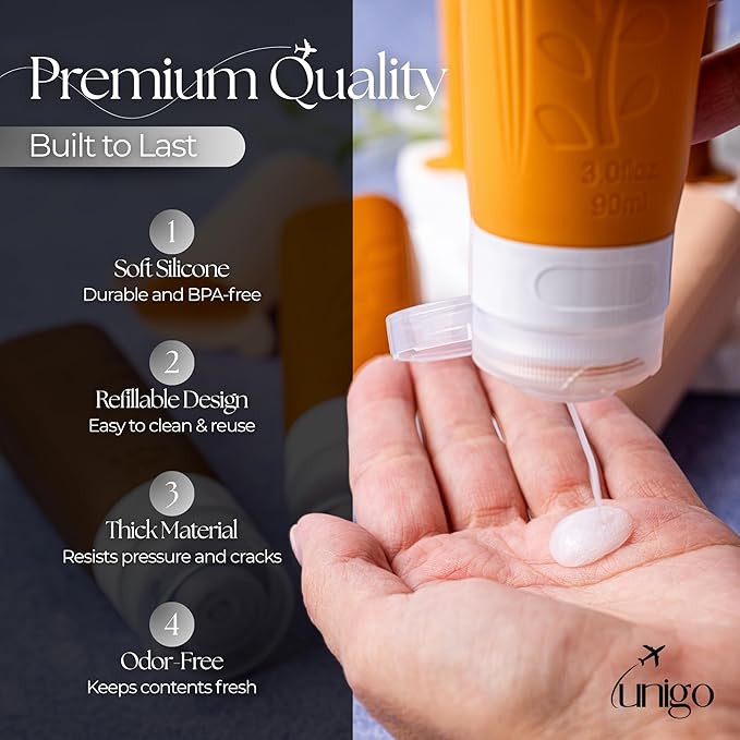 unigo Silicone Travel Bottles Set for Toiletries, Airplane Approved TSA Carry On Size, BPA Free Leakproof Refillable Squeeze Containers with Labels, Cleaning Brush and Covers (Apricot)