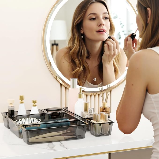 WOWBOX 24 PCS Clear Plastic Drawer Organizer Set, 4 Sizes Desk Drawer Organization and Storage Containers for Makeup, Cosmetics, Jewelry and Gadgets in Kitchen, Bathroom, Bedroom, Office, Clear Black