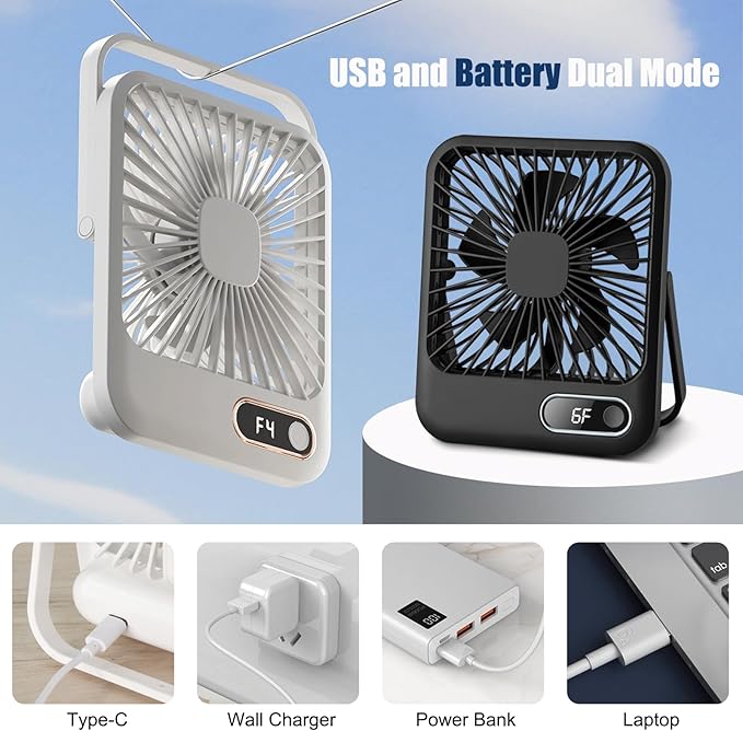 USB Rechargeable Fan with 4000mAh Battery Desk Fan 6.5" Portable Travel Fan Personal Fan 180°Foldable 6 Speeds 6 Hours Timer & Digital Display，Ideal Gifts for Office Home Camping