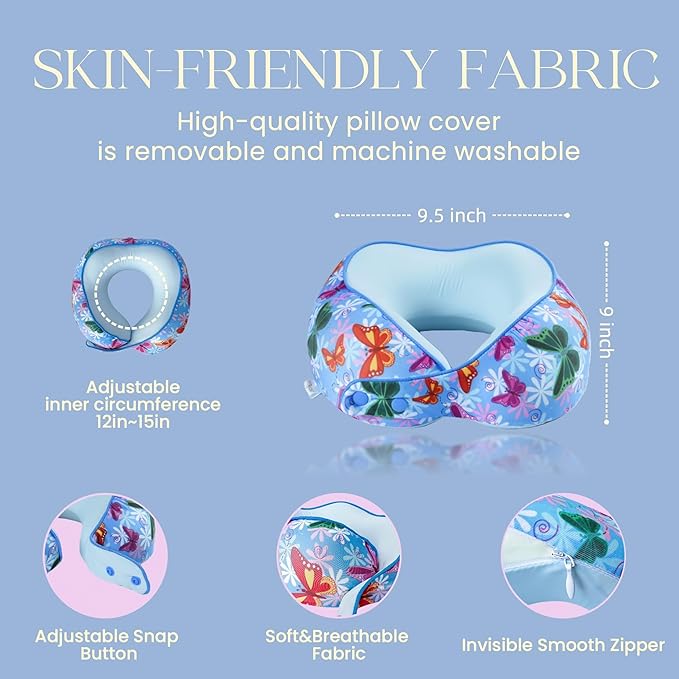 SKYTRAX® Certified Kids Safe Memory Foam Travel Neck Pillows for Kids and Toddlers Cute Cartoon Design, Car Seat & Airplane Head Neck Support, Adjustable Snap Buttons Washable Soft Cover (Butterfly)