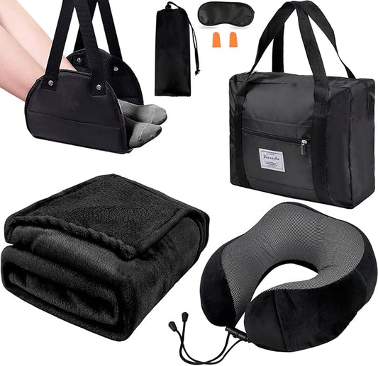 Travel Pillow and Blanket Set & Foot Rest, Memory Foam Neck Pillow Airplane Blanket & Airplane Foot Hammock & Foldable Duffel Bag, Eye Mask & Earplugs, Portable Travel Accessories Essentials, Black