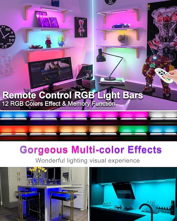 Under Cabinet Lights Wireless, 58-LED Rechargeable Motion Sensor Closet Lights with Remote Control, RGB Color Changing Under Counter Lights for Kitchen, Pantry, Bedroom, Stairs, 2 Pack