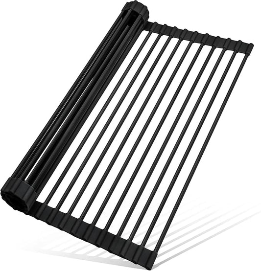 MERRYBOX Roll Up Over The Sink Dish Drying Rack Silicone Wrapped Foldable, Heat-Resistant, Anti-Slip Sink Rack Multipurpose Dish Drainer for Kitchen Sink Counter - Black, 17.5" x 11"