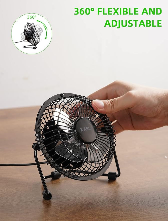 xasla 4 Inch Small USB Desk Fan, Mini Quiet Fan with Metal Construction & Strong Airflow & 360°Adjustable Tilt Angle, Personal Cooling Fan for Desktop Office (Black)