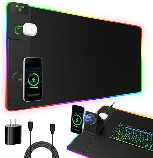 XXL RGB LED Gaming Mouse Pad with Magnetic Wireless Charger & Foldable Phone Holder, 31.5"x15.8" Extended Ultra-Smooth Desk Mat, 25 Lighting Effects, Non-Slip Base, Includes 20W PD Adapter