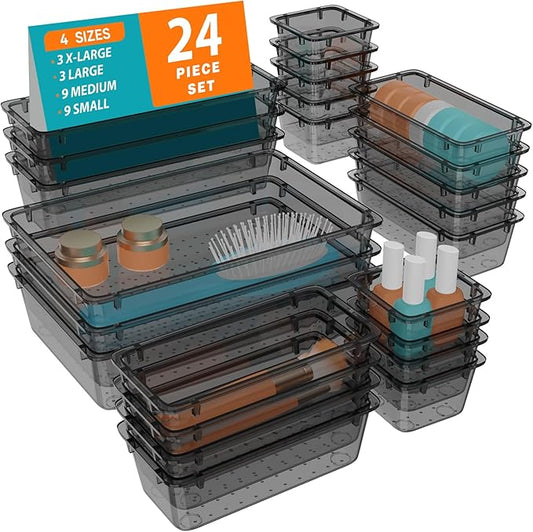WOWBOX 24 PCS Clear Plastic Drawer Organizer Set, 4 Sizes Desk Drawer Organization and Storage Containers for Makeup, Cosmetics, Jewelry and Gadgets in Kitchen, Bathroom, Bedroom, Office, Clear Black