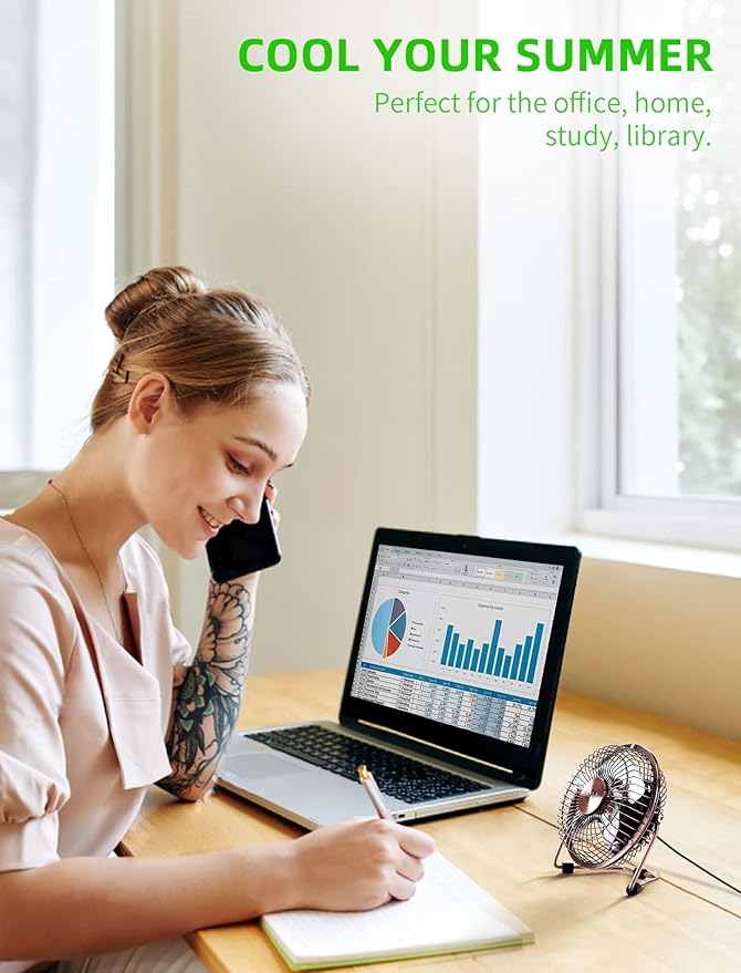 xasla 4 Inch Small USB Desk Fan, Mini Quiet Fan with Metal Construction & Strong Airflow & 360°Adjustable Tilt Angle, Personal Cooling Fan for Desktop Office (Bronze)