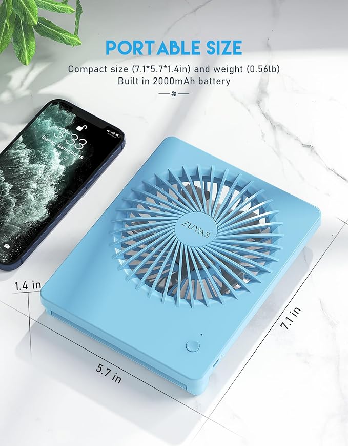Zuvas Desk Fan Battery Operated Fan Rechargeable 180°Tilt Folding Personal Fan Ultra Quiet Small Portable 3 Speed Adjustable Strong Wind Fan For Office Bedroom Home Desktop Camping (Blue)