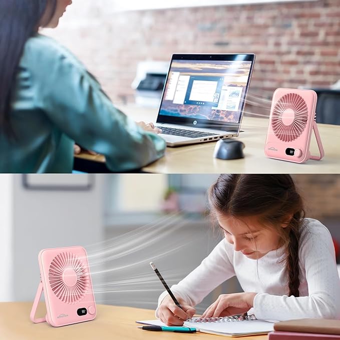 WHATOOK Small Desk Fan Personal Fans: 5000mah 25 Hours Battery Office Quiet Mini Desktop Fan Portable Rechargeable Travel Essentials (Pink, 5000 mAh)