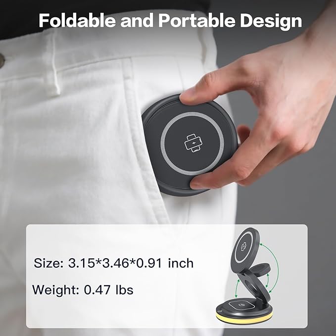 ZealSound 3-in-1 Foldable Magnetic Wireless Charger Stand – 15W Fast Charge with Night Light & Includes 30W Adapter, Portable Charging Pad for iPhone, Apple Watch & AirPods 2/3, Home, Office, Travel