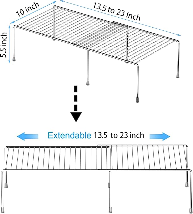 Redrubbit Cabinet Storage Shelf Rack, Expandable Metal Rustproof Kitchen Counter and Cabinet Shelf, Storage Rack Organizer Space Saver for Kitchen, Fridge, Cabinet, Bathroom, Chrome, Set of 4