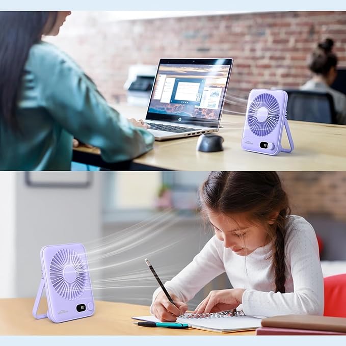 WHATOOK Small Desk Fan Personal Fans: 5000mah 25 Hours Battery Office Quiet Mini Desktop Fan Portable Rechargeable Travel Essentials (Purple, 2000 mAh)