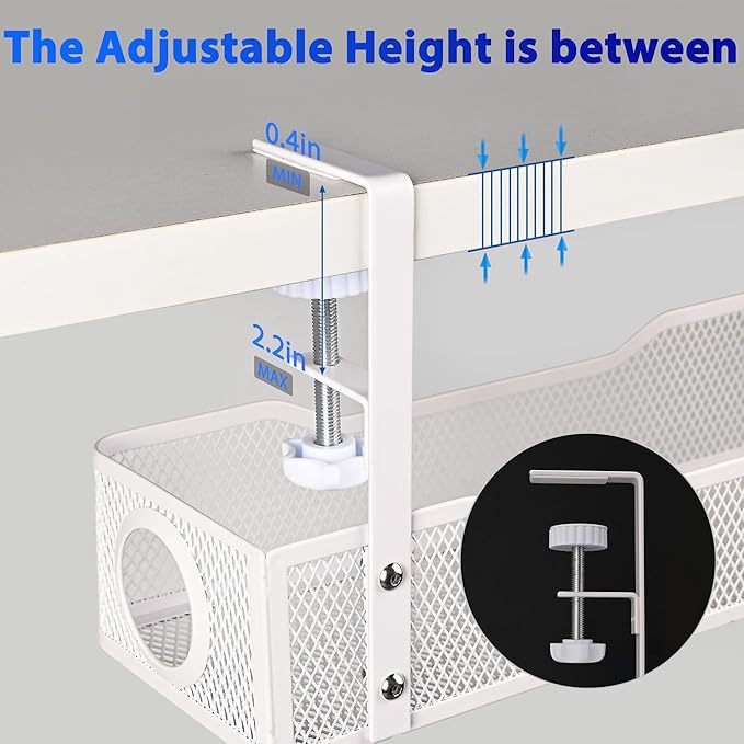 Under Desk Cable Management Tray Small – Clamp-Mounted Wire Organizer & Cord Management Under Desk Holder, No-Drill Metal Cable Tray for Home Office (White)