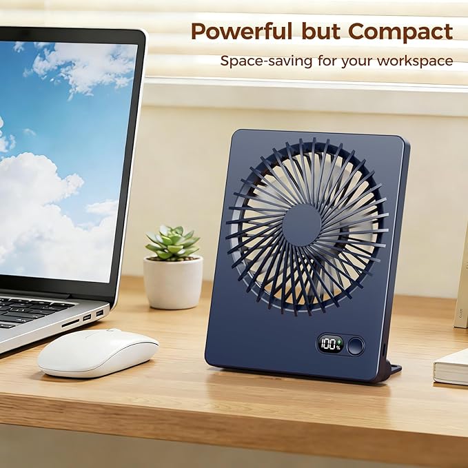 Zuvas Desk Fan Battery Operated Fan Rechargeable 180°Tilt Folding Personal Fan Ultra Quiet Small Portable 3 Speed Adjustable Strong Wind Fan For Office Bedroom Home Desktop Camping (Navy Blue)