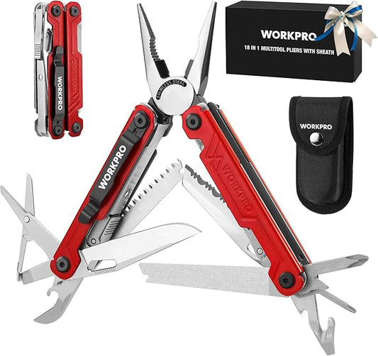 WORKPRO 18-in-1 Multi Tool Pliers, Gifts for Dad, Stainless Steel EDC Multitool with Pocket Knife, 2 Safety Locks, Belt Clip and Oxford Pouch, Multipurpose Utility Multiuse Tool for Outdoor Activities