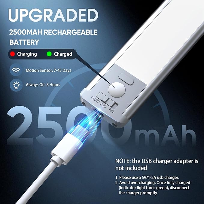 14.7inch Under Cabinet Lighting, 2 Pack Rechargeable Motion Sensor Light Indoor, 5 Levels Dimmable Magnetic Closet Lights, Wireless Under Counter Lights for Kitchen, Stairs,Hallway