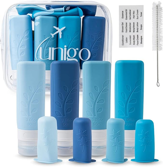 unigo Silicone Travel Bottles Set for Toiletries, Airplane Approved TSA Carry On Size, BPA Free Leakproof Refillable Squeeze Containers with Labels, Cleaning Brush and Covers (Blue)