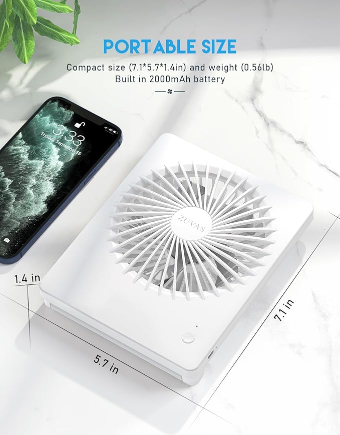 Zuvas Desk Fan Battery Operated Fan Rechargeable 180°Tilt Folding Personal Fan Ultra Quiet Small Portable 3 Speed Adjustable Strong Wind Fan For Office Bedroom Home Desktop Camping (White)
