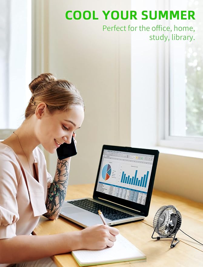 xasla 4 Inch Small USB Desk Fan, Mini Quiet Fan with Metal Construction & Strong Airflow & 360°Adjustable Tilt Angle, Personal Cooling Fan for Desktop Office (Black)