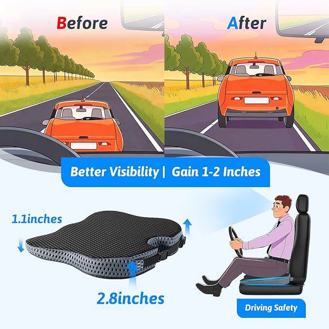 Wedge Car Seat Cushion for Better Visibility & Sciatica Pain Relief - High Density Memory Foam, Non-Slip Ergonomic Car Seat Cushion for Driving, Universal Fit for Car, SUV,Truck & Tractor