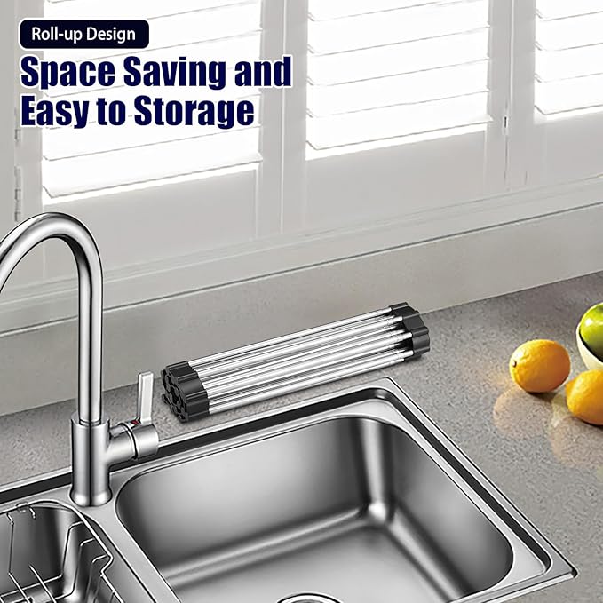 Roll Up Dish Drying Rack, Expandable Over The Sink Dish Drainer,Stainless Steel Kitchen Rolling Sink Rack Space Saving Dish Mat, Length Up to 22.3" (Black, Large Expandable)