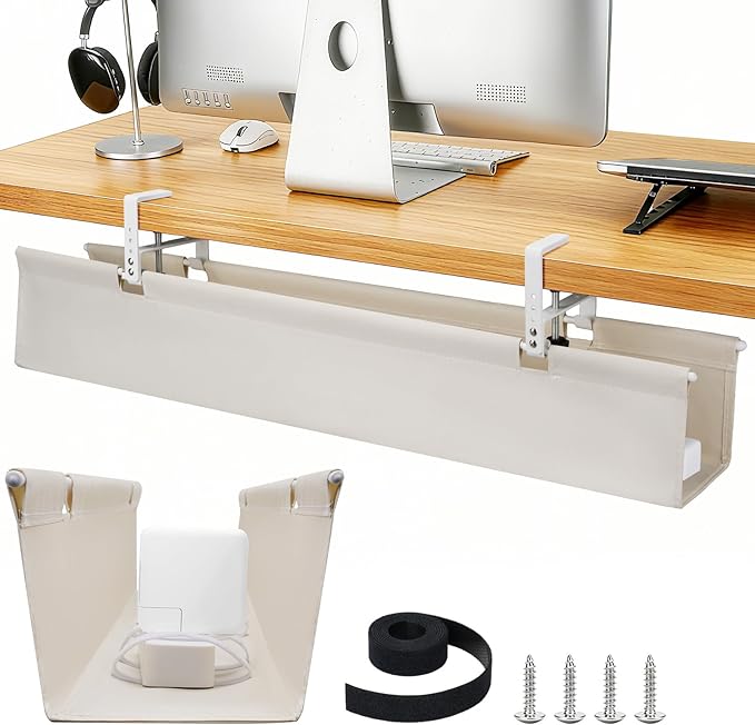 SHUWEI 48" Under Desk Cable Management Tray, Premium Fabric Cable Management for Desk, Clamp/Screw Mount Cable Tray for Office and Home, White