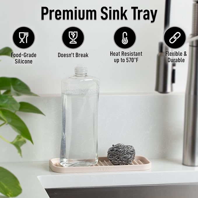 Zulay Kitchen (9x3.5) Silicone Sponge Holder for Kitchen Sink - Flexible Multipurpose Soap Tray - Sink Organizer for Kitchen, Bathroom, Makeup, Trinkets & More (Ivory)