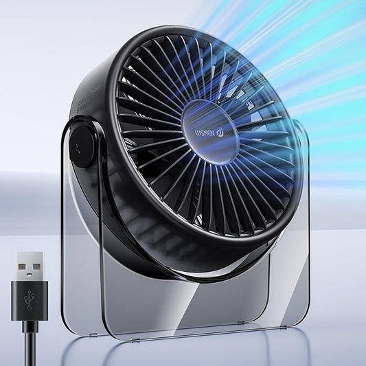 WSKEN USB Small Desk Fan - [Aesthetic Design] Mini But Powerful Portable Ultra Quiet 3 Speeds Wind Desktop Personal Fan for Outdoor Travel Bedroom Bedside Table Top Office,Acrylic Base,Black