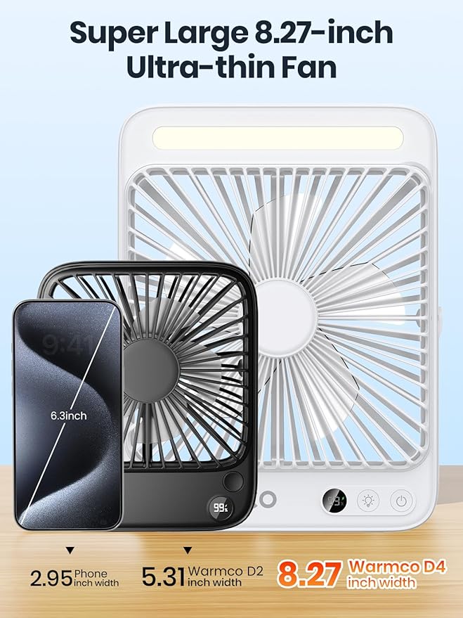 Warmco 20000mAh Battery Powered Fan, Ultra-Slim 8-Inch Portable Camping Fan with LED Lantern, Up to 48H Runtime Rechargeable Desk Fan for Bedroom, Outdoor, Tent, Travel, Cruise Ship Essentials