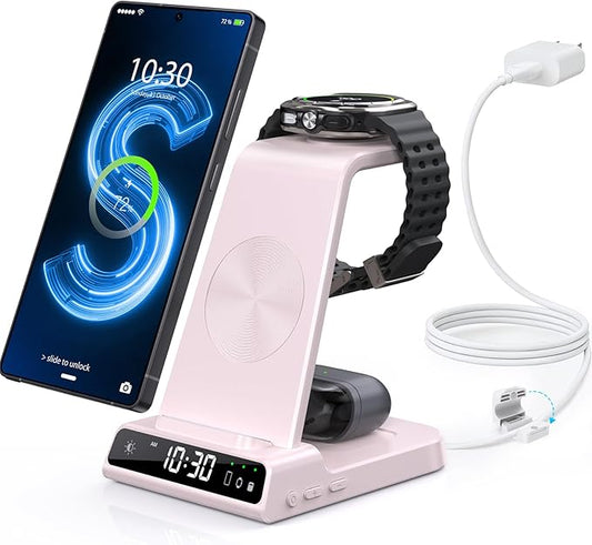 Wireless Charger for Samsung Charging Station with Clock for Samsung Galaxy S25 Ultra/S24 Ultra/Z Flip 7/Z Fold 6/Galaxy Bud, 3 in 1 Charger Station Watch Charger for Galaxy Watch 8/7/6/5Pro(Pink)