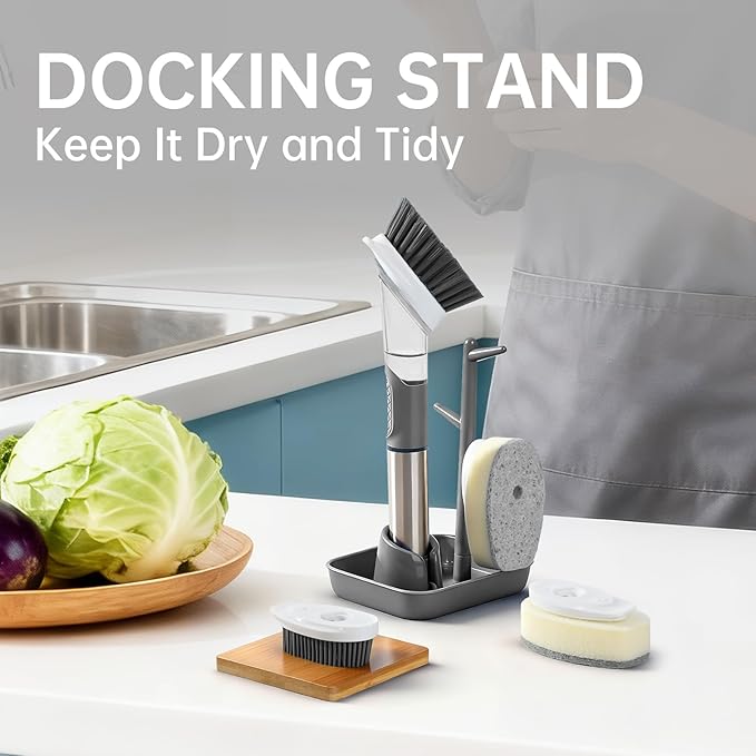 Soap Dispensing Scrub Brush - 4-in-1 Kitchen Cleaning Brush with Built-in Tank, Scraper Heads for Stubborn Grime on Pots Pans, Stand/Hang Storage-Grey