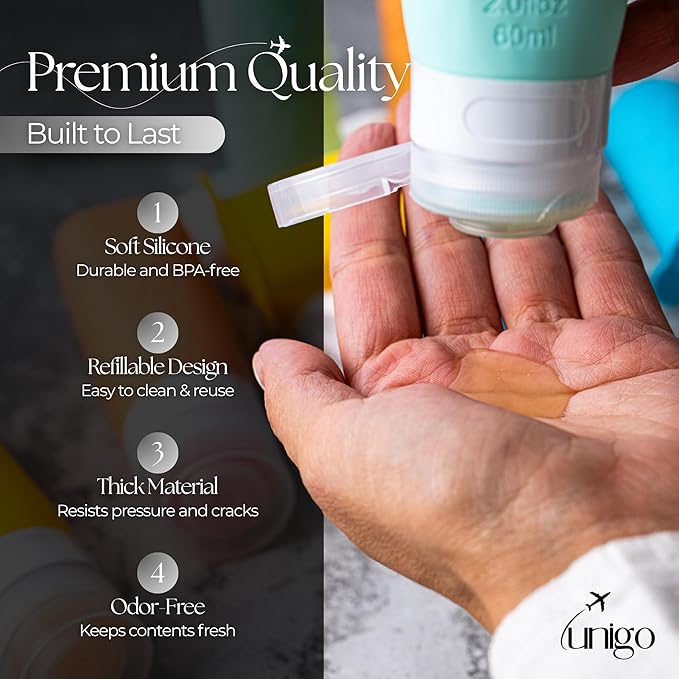 unigo Silicone Travel Bottles Set for Toiletries, Airplane Approved TSA Carry On Size, BPA Free Leakproof Refillable Squeeze Containers with Labels, Cleaning Brush and Covers (Multicolor B)