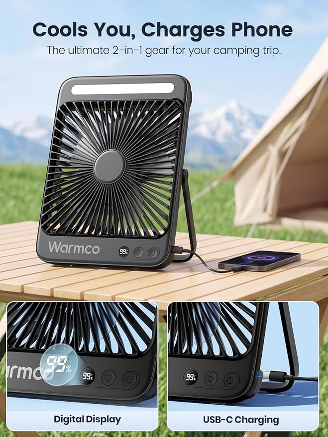 Warmco 20000mAh Battery Powered Fan, Ultra-Slim 8-Inch Portable Camping Fan with LED Lantern, Up to 48H Runtime Rechargeable Desk Fan for Bedroom, Outdoor, Tent, Travel, Cruise Ship Essentials
