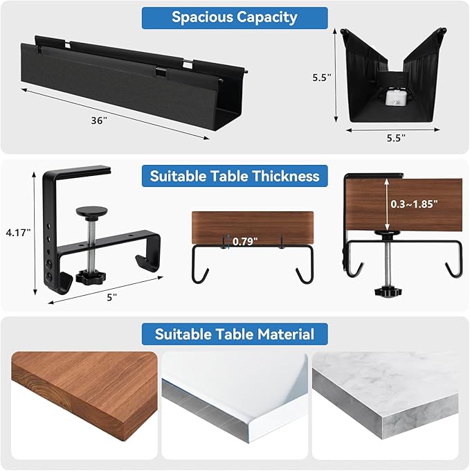SHUWEI 36" Under Desk Cable Management Tray, Premium Fabric Cable Management for Desk, Clamp/Screw Mount Cable Tray for Office and Home (White, 36" L)