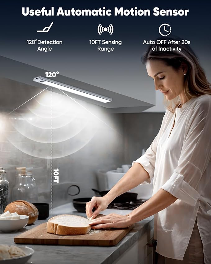 Under Cabinet Lights, 14'' LED Rechargeable Battery Operated Motion Activated Night Light Indoor, 3200mAh Magnetic Dimmable Closet Lights, 6500K Wireless Under Counter Lights for Kitchen, Home, 5 Pack