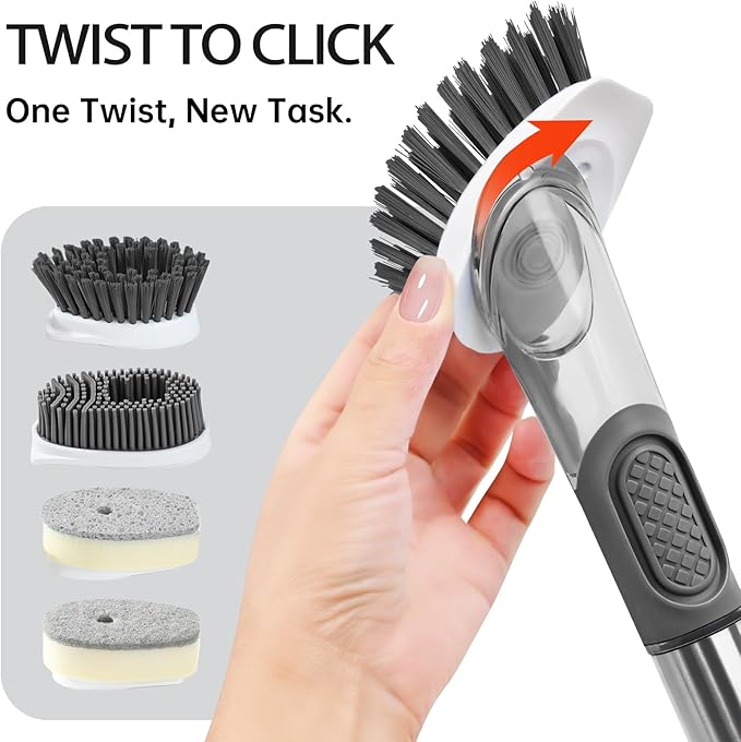 Soap Dispensing Scrub Brush - 4-in-1 Kitchen Cleaning Brush with Built-in Tank, Scraper Heads for Stubborn Grime on Pots Pans, Stand/Hang Storage-Grey