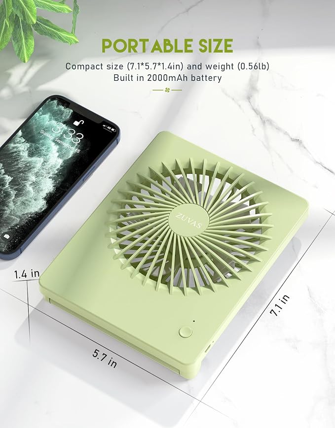 Zuvas Desk Fan Battery Operated Fan Rechargeable 180°Tilt Folding Personal Fan Ultra Quiet Small Portable 3 Speed Adjustable Strong Wind Fan For Office Bedroom Home Desktop Camping (Light Green)