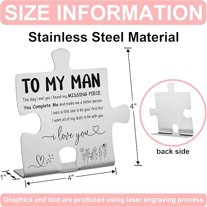 To My Man Puzzle Desk Sign, Stainless Steel Missing Piece Love Gift for Boyfriend Husband, Romantic I Love You Keepsake for Anniversary, Valentine's Day, Birthday Nightstand Decor - FSD353