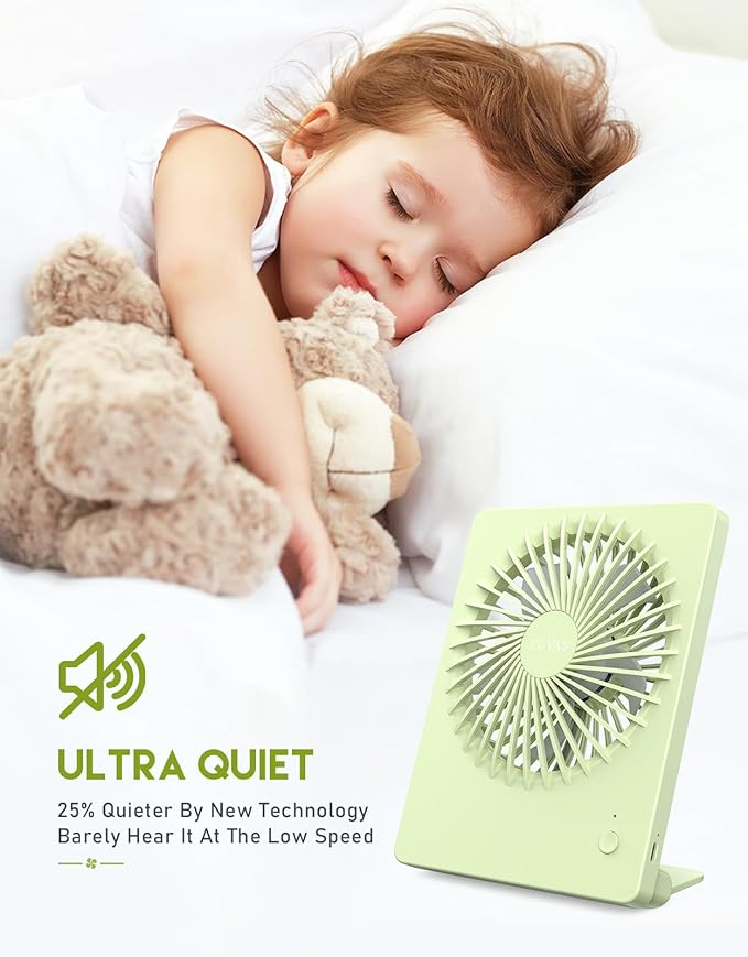Zuvas Desk Fan Battery Operated Fan Rechargeable 180°Tilt Folding Personal Fan Ultra Quiet Small Portable 3 Speed Adjustable Strong Wind Fan For Office Bedroom Home Desktop Camping (Light Green)