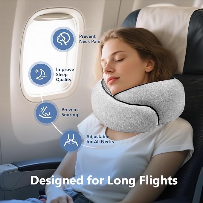 Travel Neck Pillow with 100% Pure Memory Foam, G-Shape, Includes Eye Mask & Ear Plugs, Ergonomic Design for Airplane, Car & Office, etc, Beige Gray