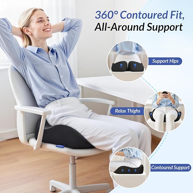 ZIKEE Pioneering Seat Cushion for Pressure Relief, Ergonomic Office Chair Cushion for Sciatica, Back, Hemorrhoids & Tailbone Pain Relief, High-Density Memory Foam Car Seat Cushion with Anti-Slip Base